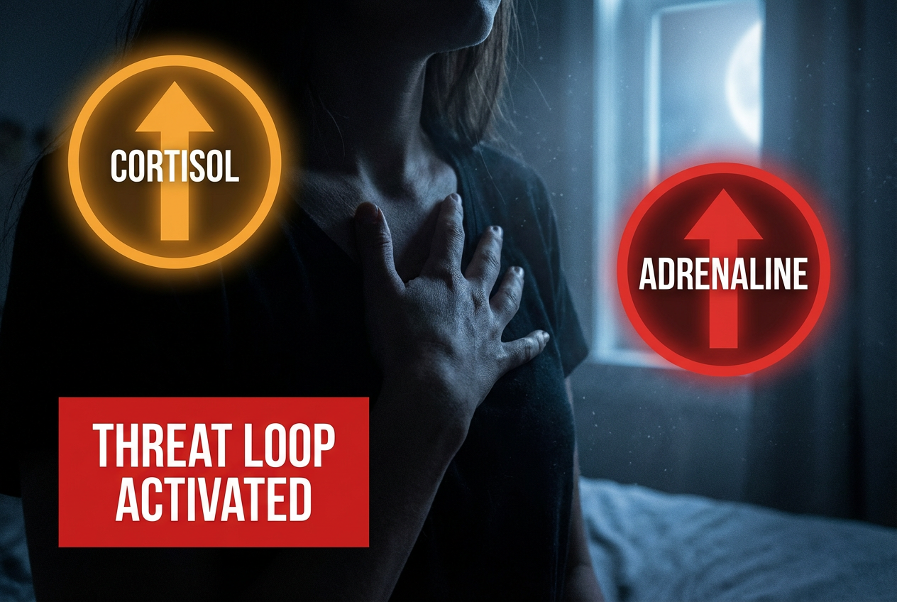 Cortisol and adrenaline surge during a 3am anxiety attack — threat loop activated