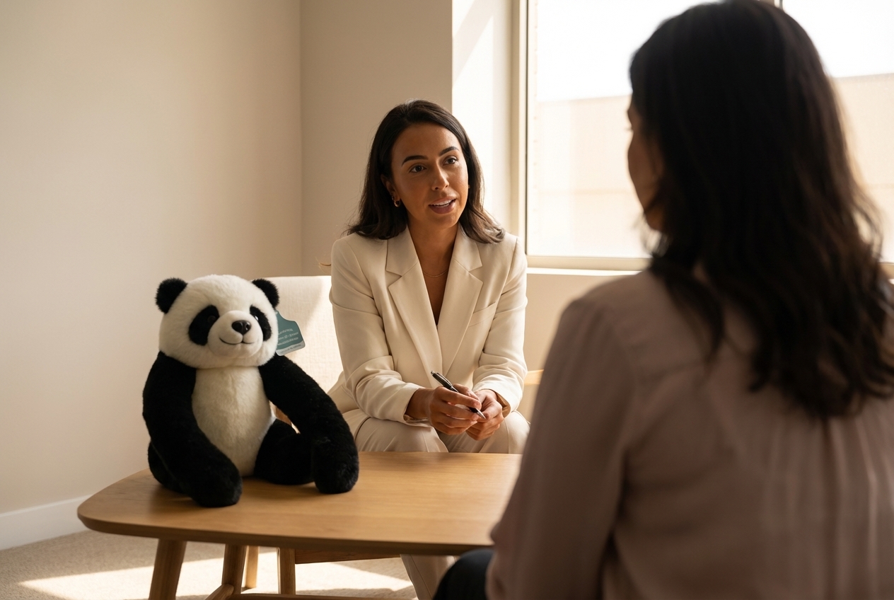 Anxiety therapist during a consultation session with the Grounding Pookie on the table