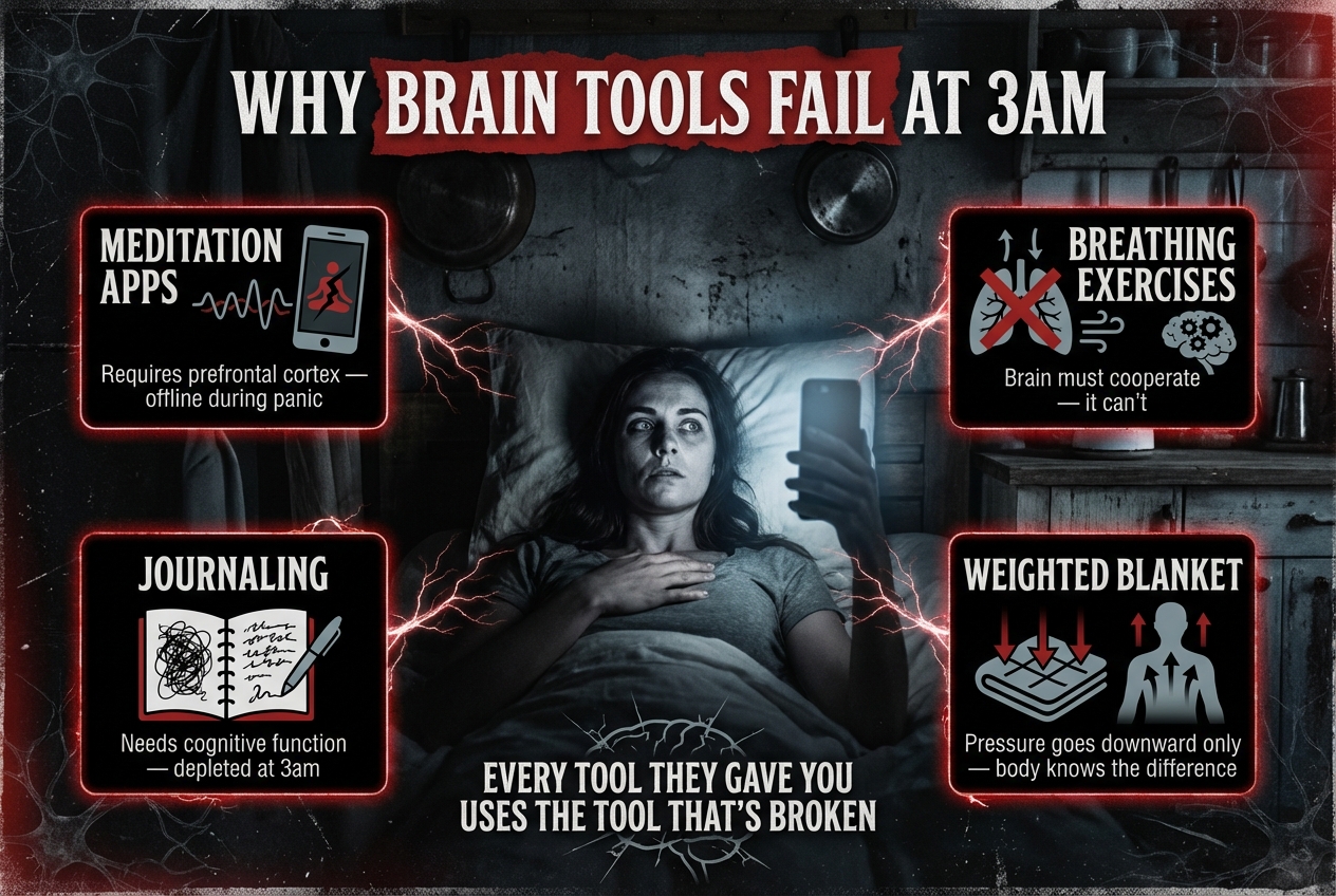 Infographic showing why brain-based anxiety tools fail at 3am — meditation apps, breathing exercises, journaling, weighted blanket