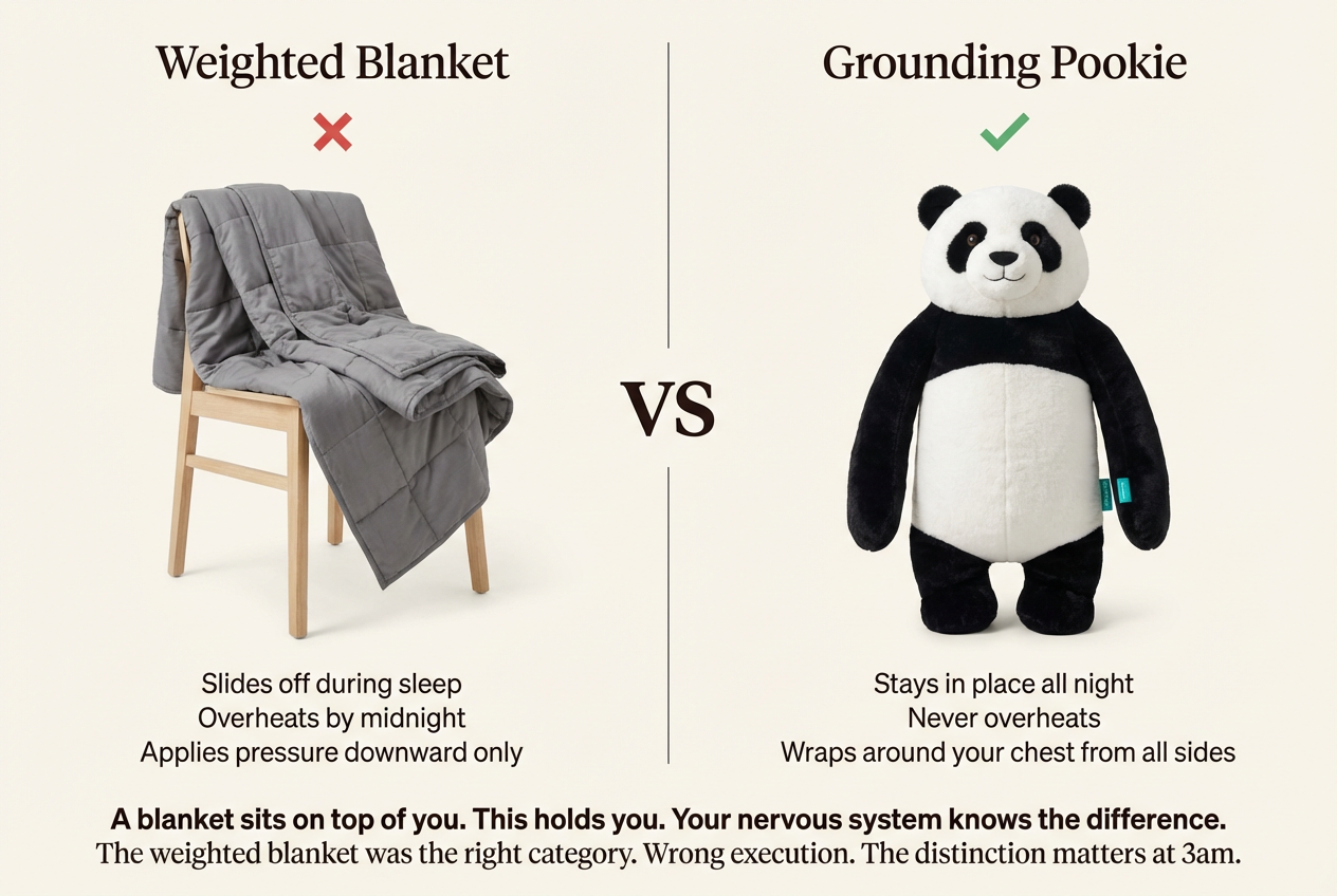 Weighted Blanket vs Grounding Pookie — blanket slides off, overheats, applies pressure downward only. Pookie stays in place, never overheats, wraps around your chest from all sides.