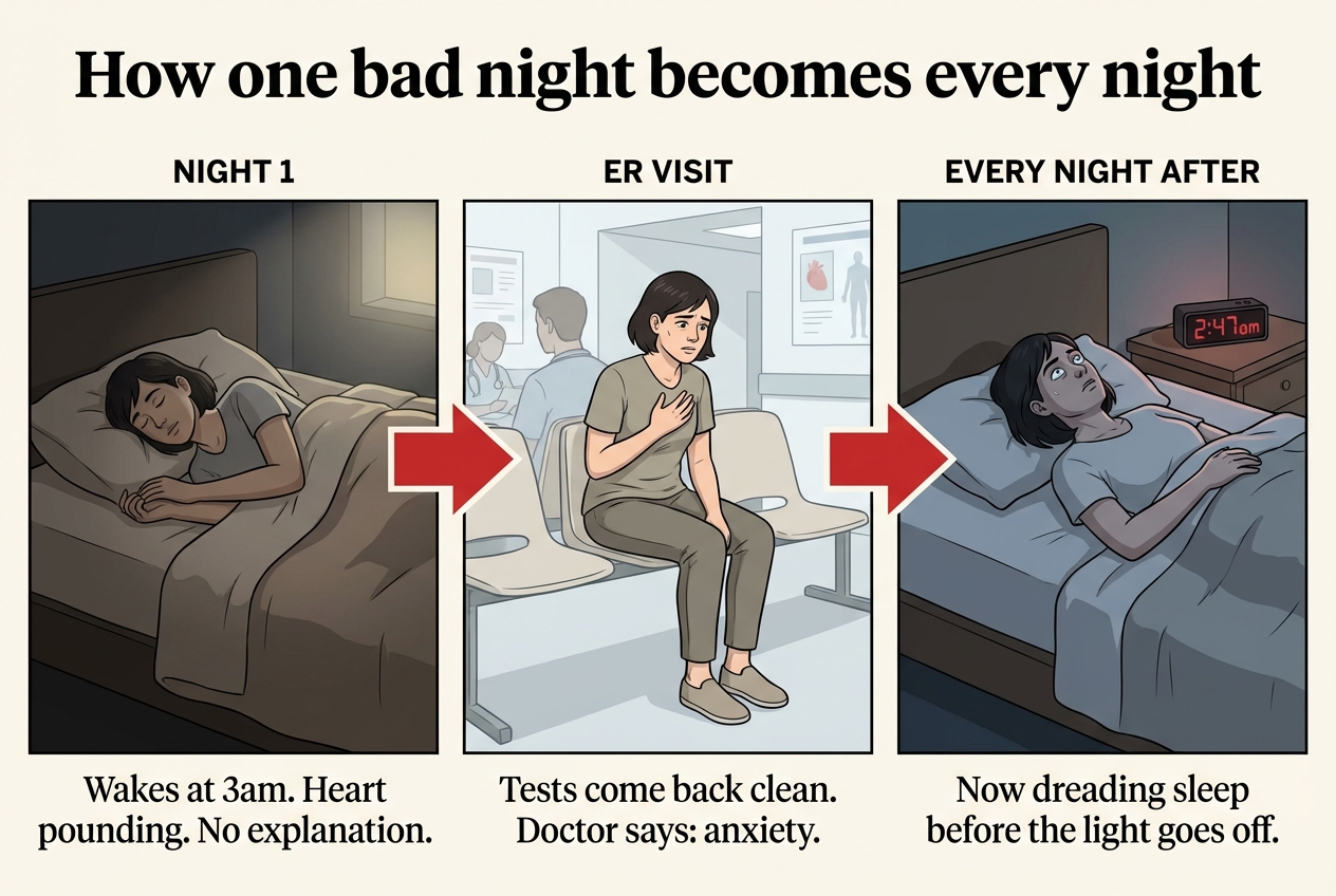 How one bad night becomes every night — the anxiety escalation pattern from first wake-up to ER visit to nightly dread