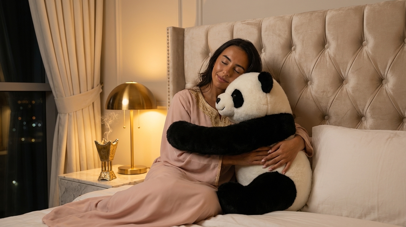 Woman sitting in bed at night holding the Grounding Pookie close to her chest, eyes closed, visibly calmer